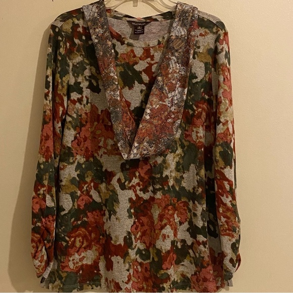 Multiples Women’s Size M Artsy Long Sleeve Attached Neck Scarf Tunic Blouse - Picture 1 of 11